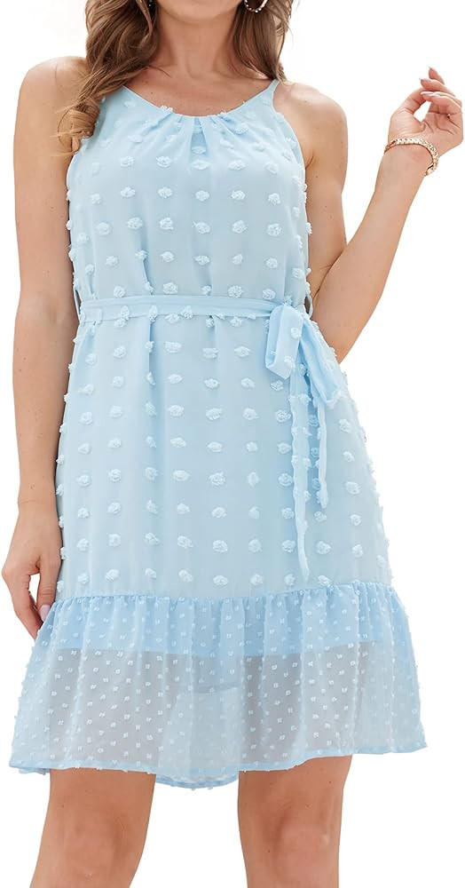 GRACE KARIN Women's Summer Casual Spaghetti Strap Dress Tied Waist Swiss Dot A line Flowy Mini Dr... | Amazon (US)