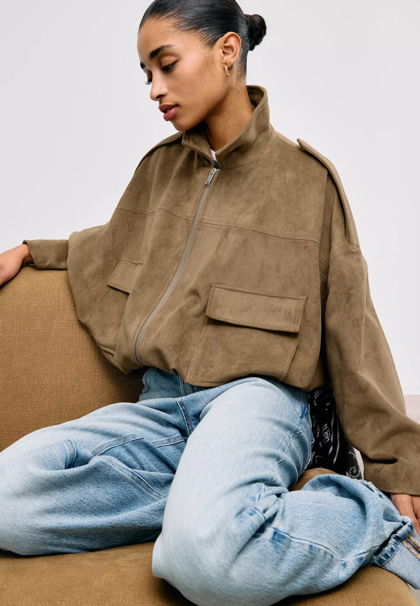 Faux suede bomber jacket - Women's fashion | Stradivarius United Kingdom | Stradivarius (UK)