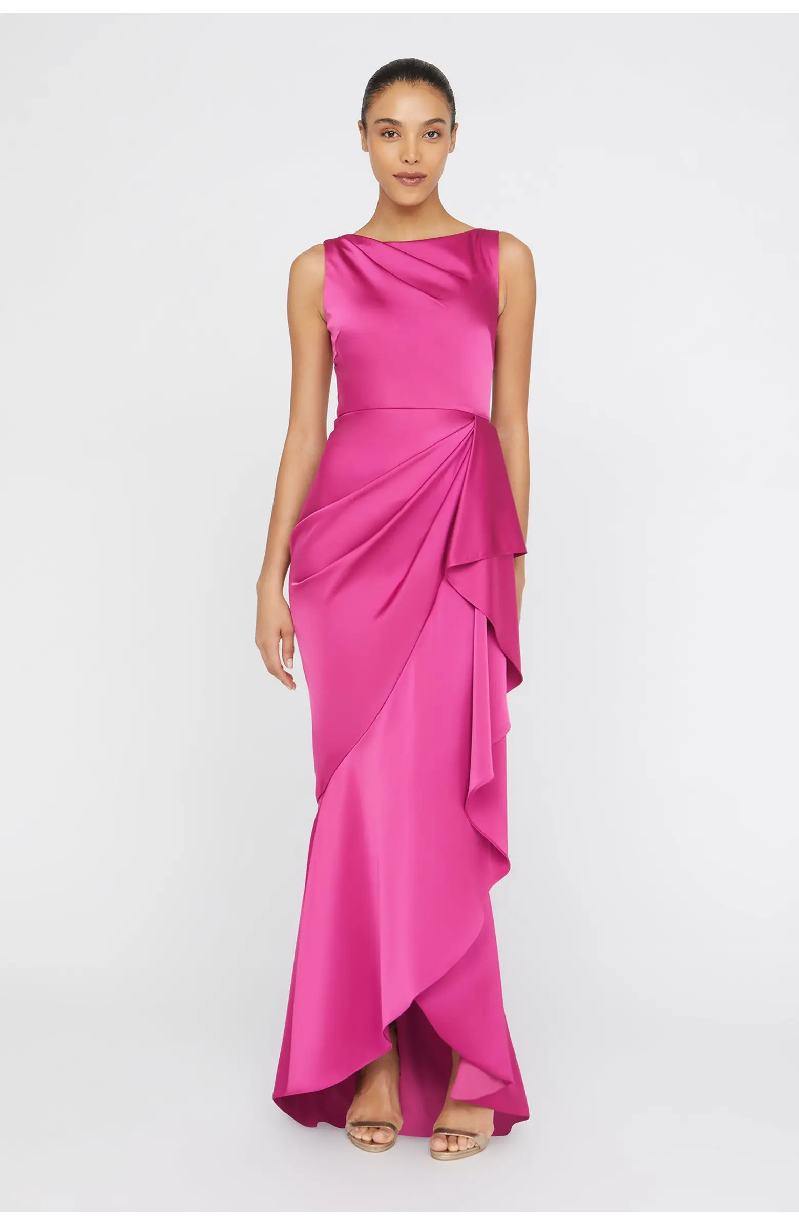 Theia Harper Draped Wrap Bateau Neck Satin Faux Wrap Gown | Nordstrom | Nordstrom