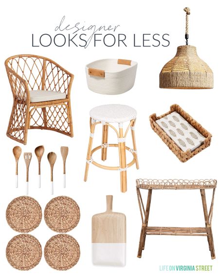 Designer looks for less include a rattan dining chair, a napkin set with seagrass basket, a rattan pendant light, a decorative rope basket, a wood serving board, woven placemats, a wooden utensil set, a woven rattan counter stool and a rattan plant stand.  

look for less home, designer inspired, beach house look, amazon haul, amazon must haves, area rug amazon, home decor, Amazon finds, Amazon home decor, simple decor, targetfanatic, targetdoesitagain, target home, target style, target finds, world market chairs, cost plus, world market home, neutral design, island bar stool, kitchen accessories, kitchen island lights, island pendents, kitchen decor, simple decor, coastal decorating, coastal design, coastal inspiration #ltkfamily #ltkfind   

#LTKSeasonal #LTKstyletip #LTKunder50 #LTKunder100 #LTKhome #LTKsalealert #LTKsalealert #LTKhome #LTKFind