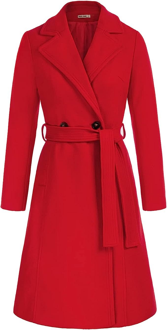 GRACE KARIN Women's Notched Lapel Double Breasted Pea Coat Mid-Long Wool Blend Over Coats with Be... | Amazon (US)