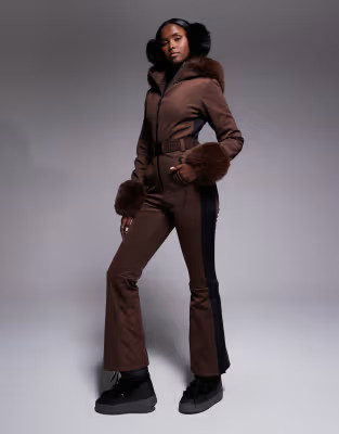 ASOS 4505 Ski soft shell belted ski suit with side stripes and faux fur trim in coffee | ASOS (Global)