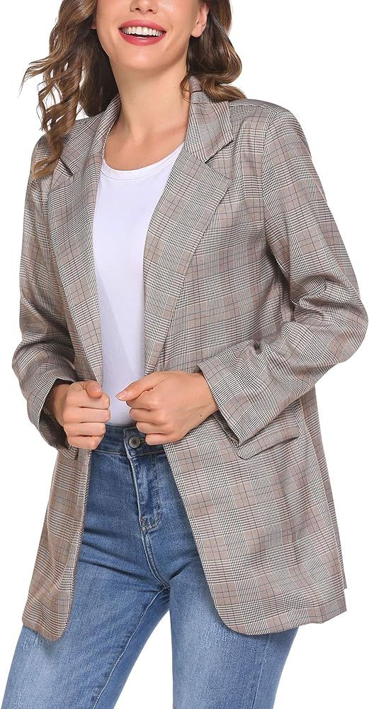 Chainscroll Womens Loose Buttons Work Office Blazer Suit Casual Plaid Long Sleeve Jacket with Poc... | Amazon (US)