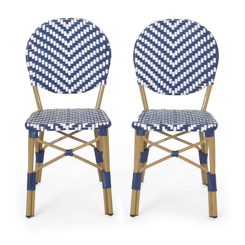 Picardy 2pk Outdoor Aluminum French Bistro Chairs - Navy/White/Bamboo - Christopher Knight Home | Target