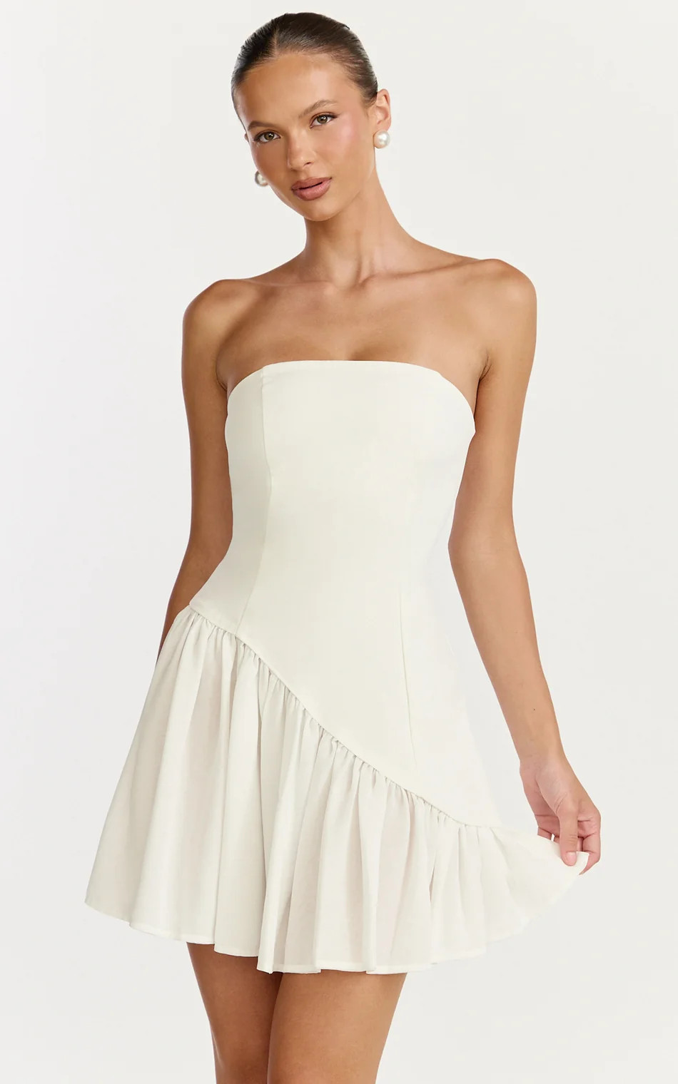 Strapless Gathered Asymmetric Dropped Waist Dress in White | Showpo (US, UK & Europe)