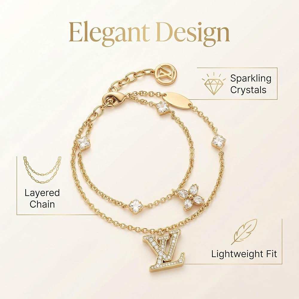 Gold Chain Bracelet with Crystal Embellishments, Designer Logo Charm, Adjustable Length | Amazon (US)