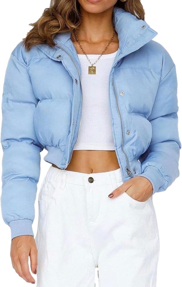 Bozanly Women's Cropped Puffer Jacket Winter Long Sleeve Solid Padded Quilted Down Coats Outerwea... | Amazon (US)