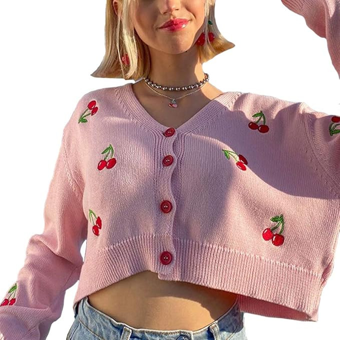 YIJIN Women Long Sleeve Preppy Style 90s Cherry Embroidery Crop Button Down Knit Cardigan Sweater... | Amazon (US)