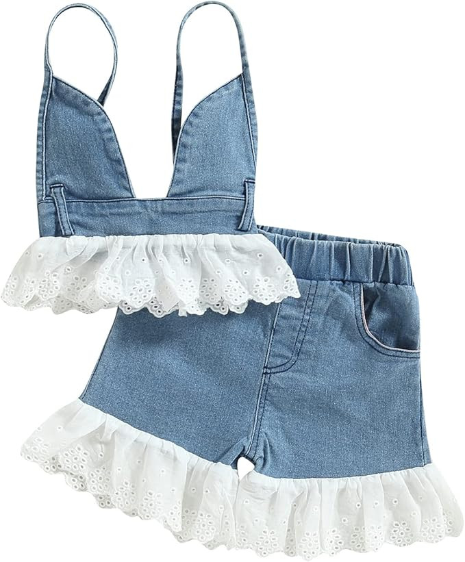 Toddler Baby Girl Summer Clothes Denim Shorts 2PCS Set Sleeveless Strap Cami Crop Top Elastic Pan... | Amazon (US)