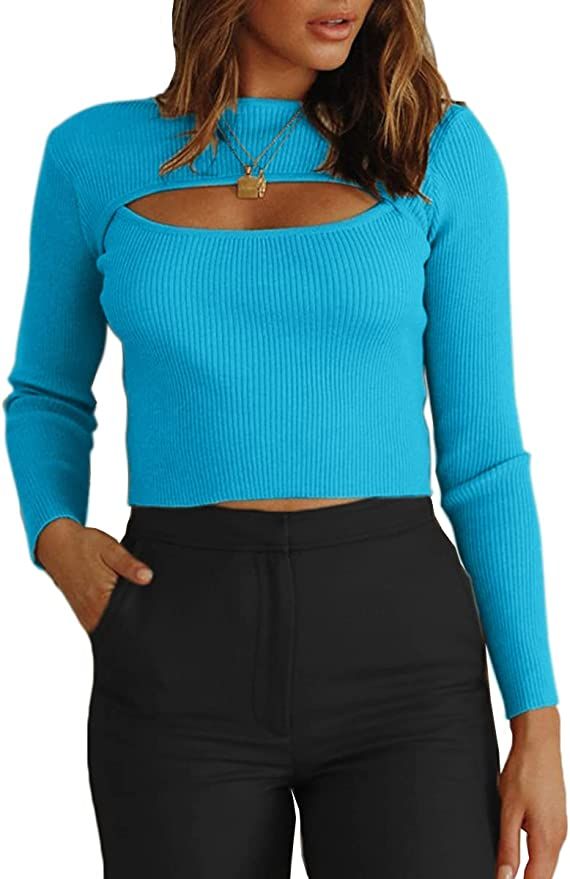 CHYRII Women's Cutout Long Sleeve Knitted Ribbed Pullover Sweater Jumper Tops | Amazon (US)