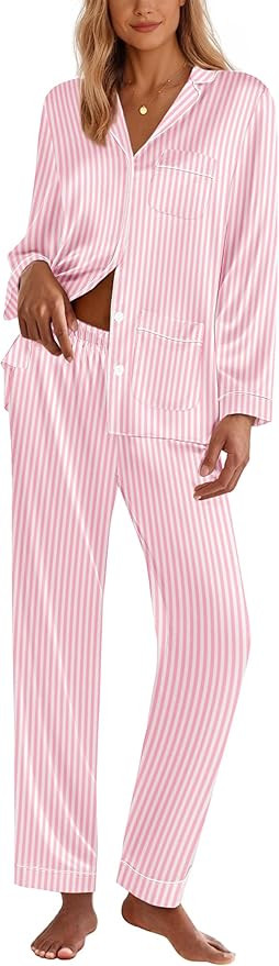 Ekouaer Silk Pajamas for Women Classic Button Down Satin Pajama Sets Long Sleeve Lounge Set | Amazon (US)