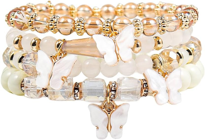 4Pcs Set Bohemian Butterfly Crystal Stone Stretch Pendant Bracelets for Women Gold Beaded Stackab... | Amazon (US)