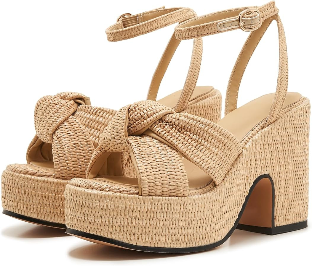 Natural Raffia Platform Sandals for Women – Woven Block Heel with Ankle Strap, Open Toe Summer ... | Amazon (US)