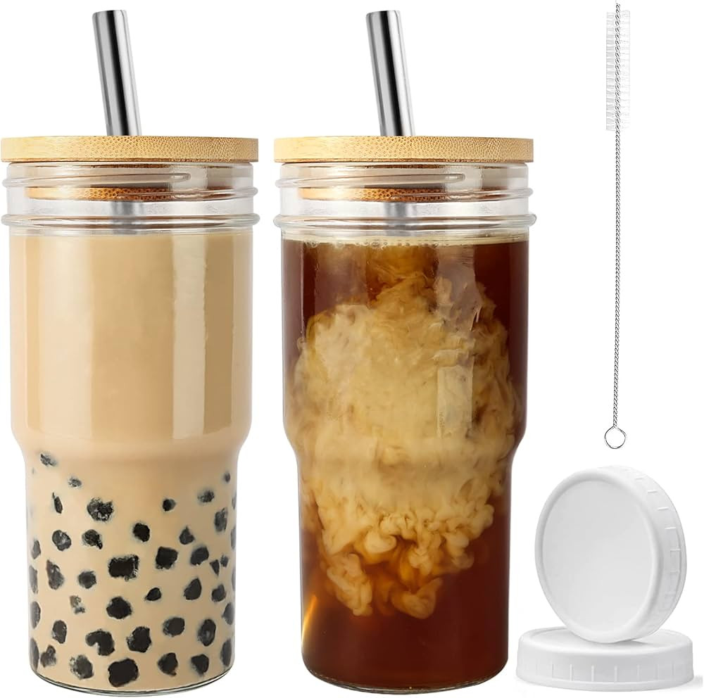 Reusable Boba Cup Smoothie Cup Boba Tea Cups, 2 Pack Wide Mouth 22oz Glasse Iced Coffee Cup with ... | Amazon (US)