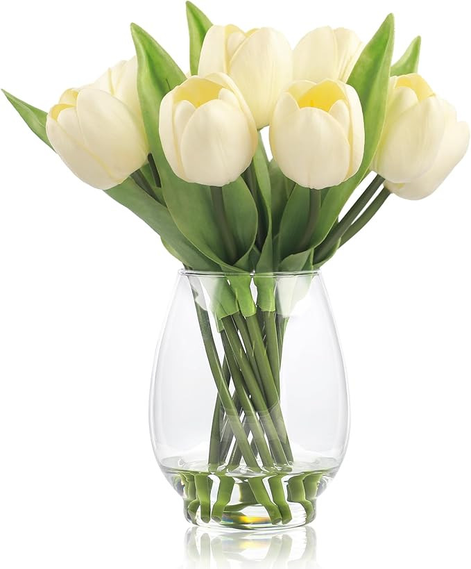 WELL KNOWN 12 Pcs Tulips Artificial Flowers in Vase, Real Touch Tulips with Vase with Upgrate Acr... | Amazon (US)
