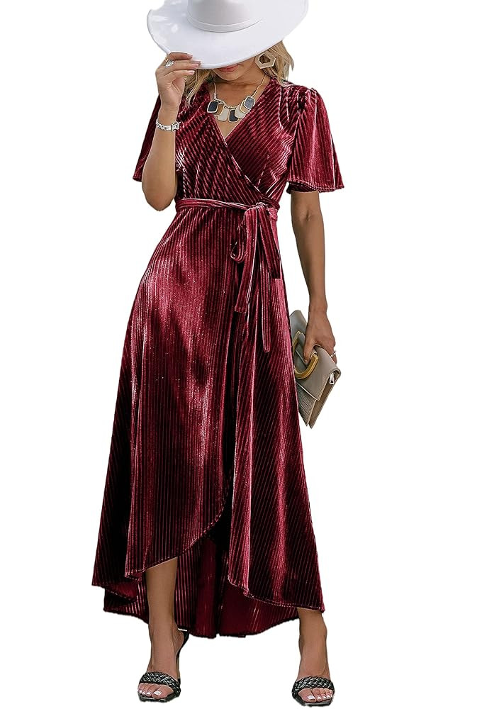 BerryGo Women's Velvet V Neck Wrap Semi Formal Dress Cocktail Party Maxi Dress for Wedding Guest | Amazon (US)