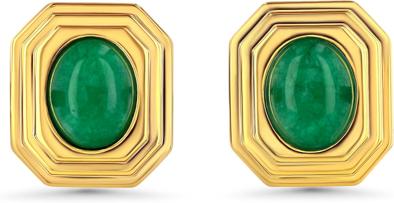 Dainty Square Rectangular Textured Chamfered Green Gold Jade Natural Gemstone Statement Earrings ... | Amazon (US)