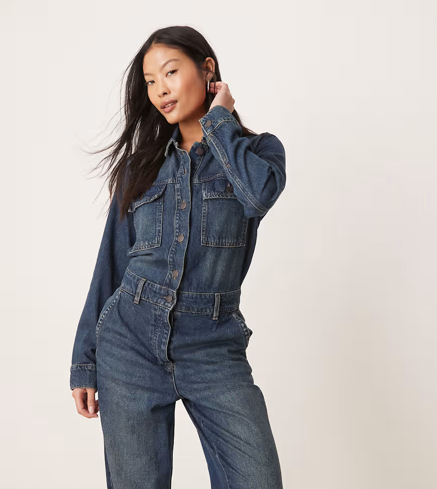 JDY Petite long sleeves denim jumpsuit in mid wash blue | ASOS (Global)