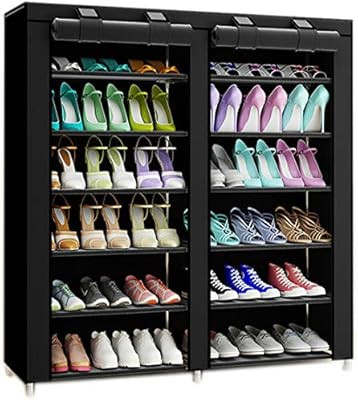 TXT&BAZ 36-Pairs Portable Shoe Rack Double Row with Nonwoven Fabric Cover (7-Tiers Black) | Amazon (US)