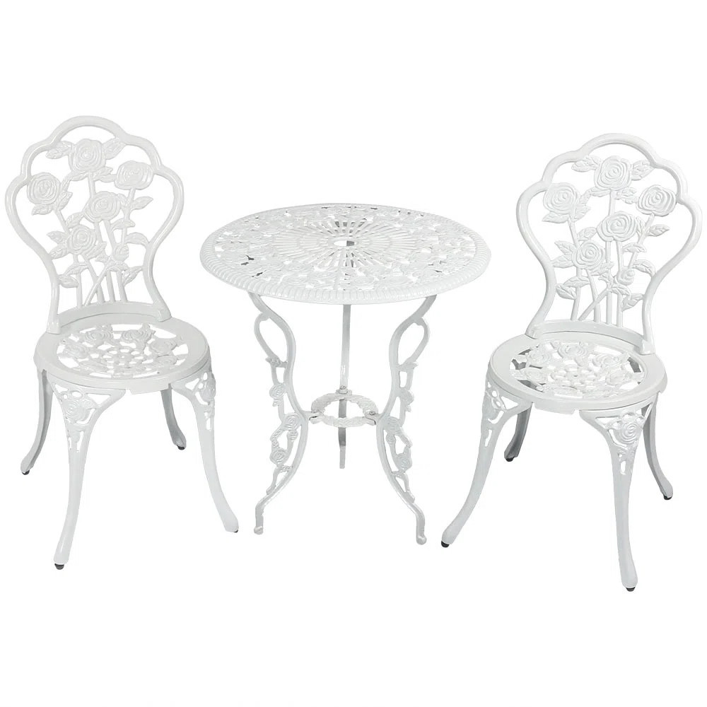 3-Piece Cast Aluminum White Floral Design Patio Dining Set with Round Bistro Table | Wayfair North America