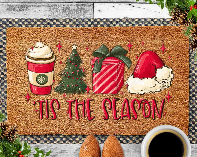 Tis the Season Christmas Doormat, Christmas Decor, Santa, Christmas Tree, Coffee, Winter Door Mat... | Etsy (US)
