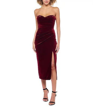 B. Darlin Velvet Stone Detailed Strapless Sweetheart Neck Pleated Side Slit Midi Dress | Dillard'... | Dillard's
