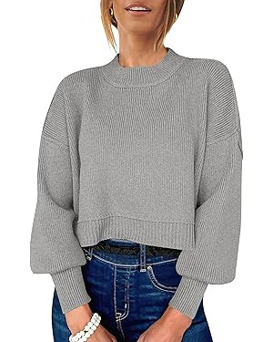 ANRABESS Womens Cropped Sweaters Oversized Crewneck Long Batwing Sleeve Side Slit Ribbed Knit Pul... | Amazon (US)