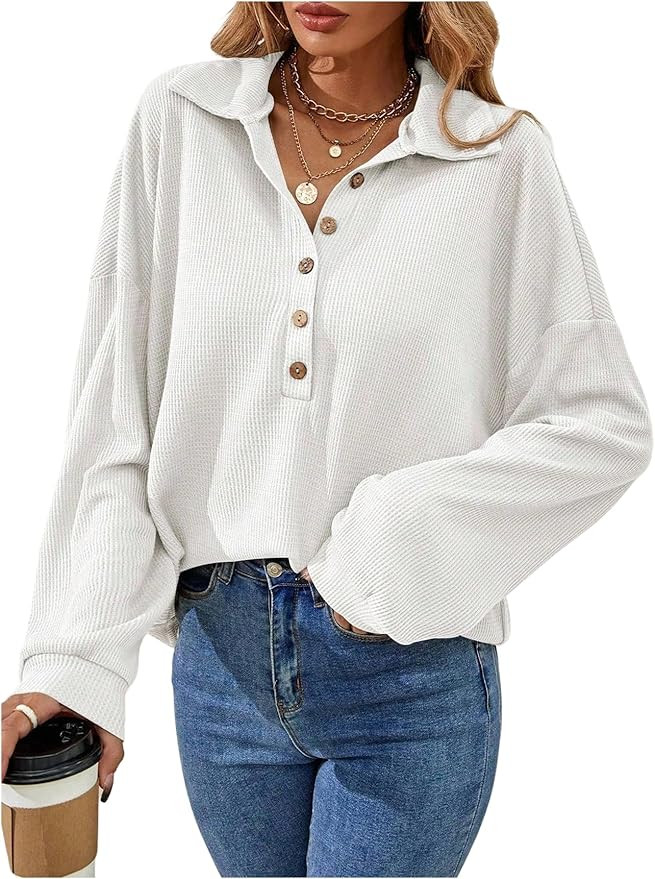 SweatyRocks Women's Waffle Knit Tops Collar Long Sleeve Casual Loose Half Button Shirts Fall Tren... | Amazon (US)