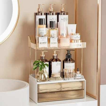 Delamu 2-Tier 2-Drawer Bathroom Organizer Countertop Multi-Purpose Makeup Organizer Countertop Large Skincare Organizers Exquisite Vanity Organizer Amber | Walmart (US)