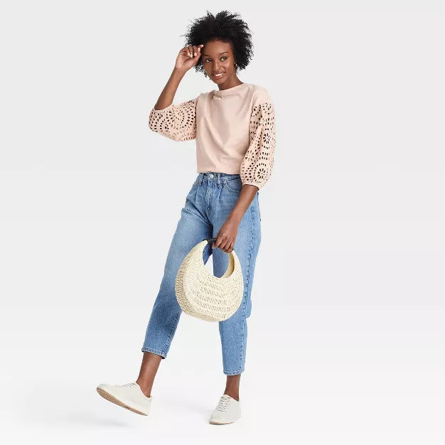 Women's Long Sleeve Round Neck Eyelet Top - A New Day™ | Target