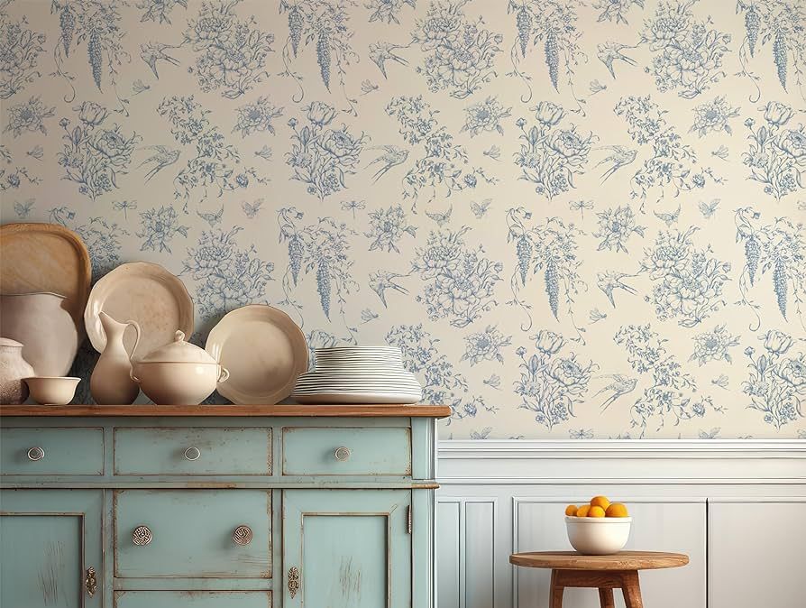 RollsRolla Vintage Toile Peel and Stick Wallpaper in Blue and White French Country Style Renter F... | Amazon (US)