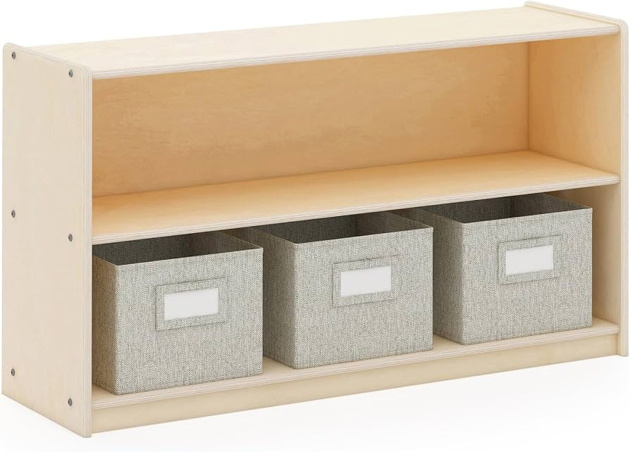 Guidecraft EdQ Two Shelf Open Storage 24'' Natural with 3 Fabric Bins: Wooden Multi-Purpose Bookc... | Amazon (US)