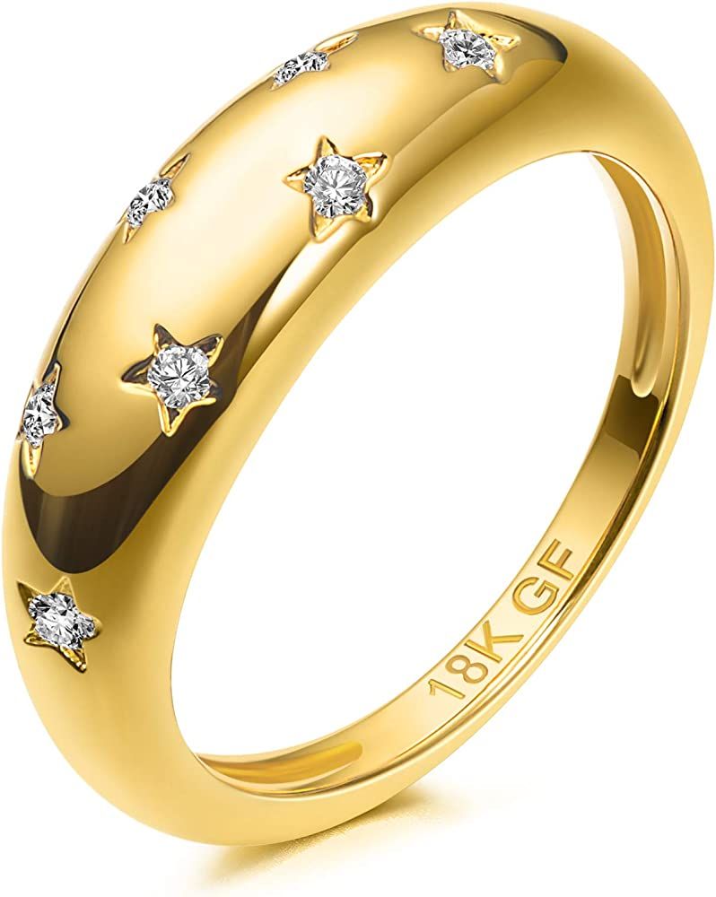 18K Gold Filled 7 Cubic Zirconia Inlayed Star Shiny Dome Ring Statement Ring | Amazon (US)