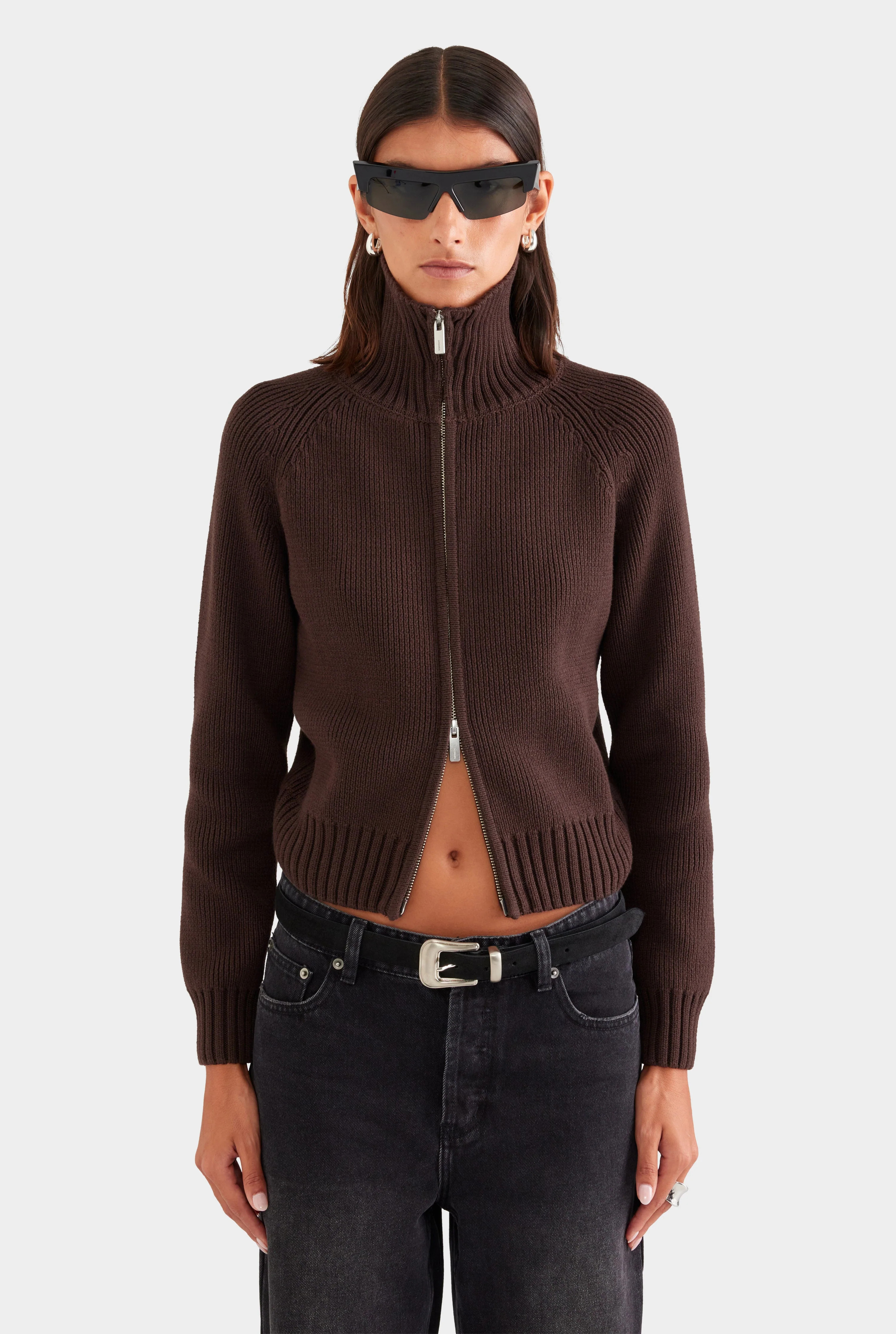 Cotton Funnel Neck Zip Up Sweater Chocolate | Venroy | Venroy AU