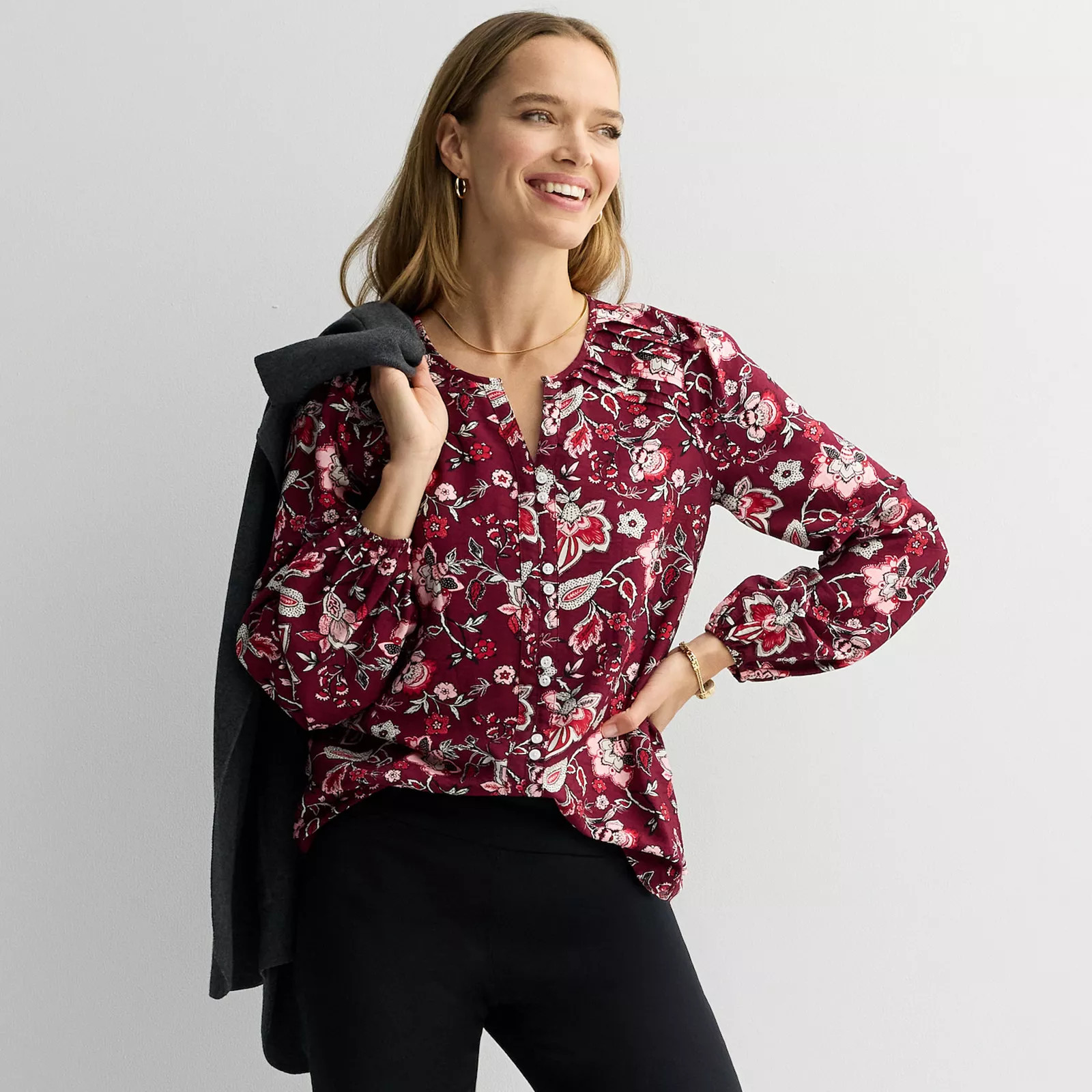 Women's Croft & Barrow Long Sleeve Y-Neck Tee, Size: Large, Red Bold Floral | Kohl's