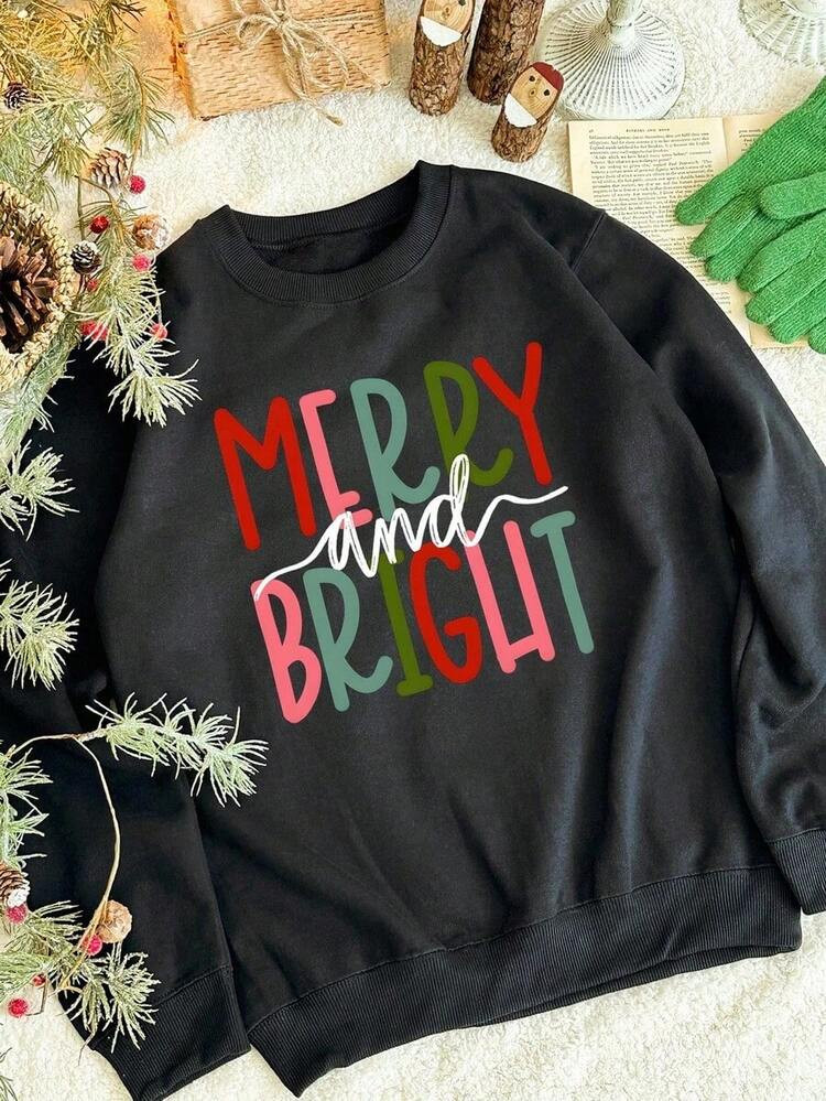 Merry And Bright Sweatshirt, Christmas Sweatshirt, Family Christmas Sweatshirt, Christmas Sweatshirts For Women, Merry Christmas Sweatshirt Comfortable Soft Cotton Top | SHEIN