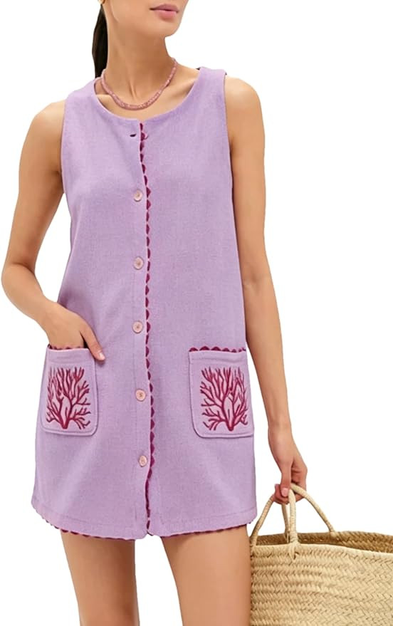 Sleeveless Mini Dress for Women Faux Suede Soft Cover Up with Button Front Summer Casual Embroide... | Amazon (US)
