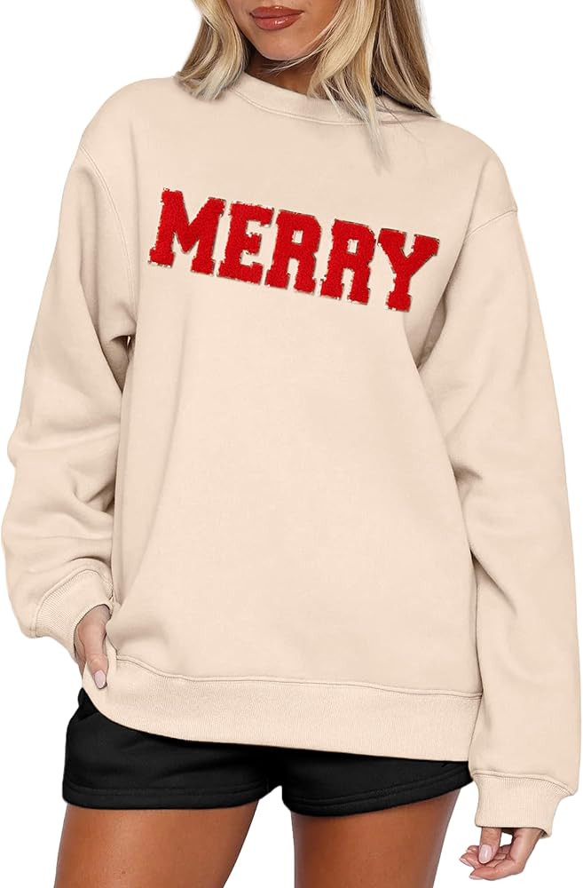 Merry Sweatshirts for Women Christmas Crewneck Fleece Lined Sweaters Chenille Sequin Letter Pullo... | Amazon (US)