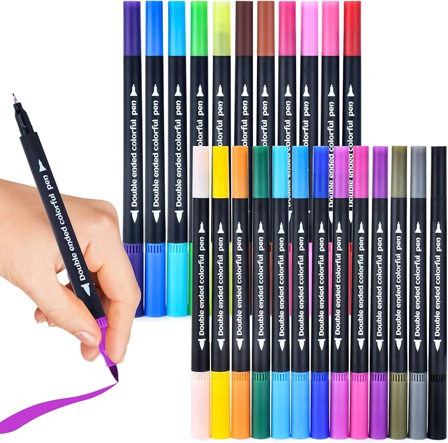 24 Colored Dual Tip Markers Fine & Brush Pens - No Bleeding, Coloring Markers for Adult, Sketchin... | Amazon (US)