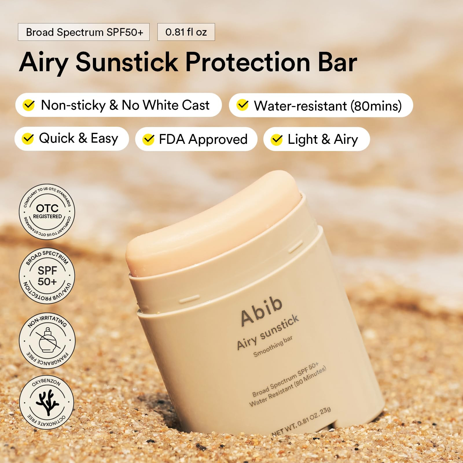 Abib Airy Sunstick Protection Bar Broad Spectrum SPF50+ 0.81 oz / 23 g (Semi-matte) | Korean Sunc... | Amazon (US)