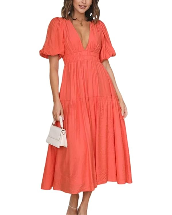 HOULENGS Women's Deep V Neck Puff Short Sleeve Tiered Dress Elastic High Waist Flowy A Line Midi ... | Amazon (US)