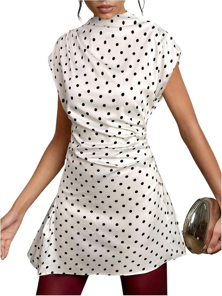OYOANGLE Women's Polka Dots Short Sleeve Mock Neck Ruched Cinched Waist Dress Party Cocktail Dres... | Amazon (US)