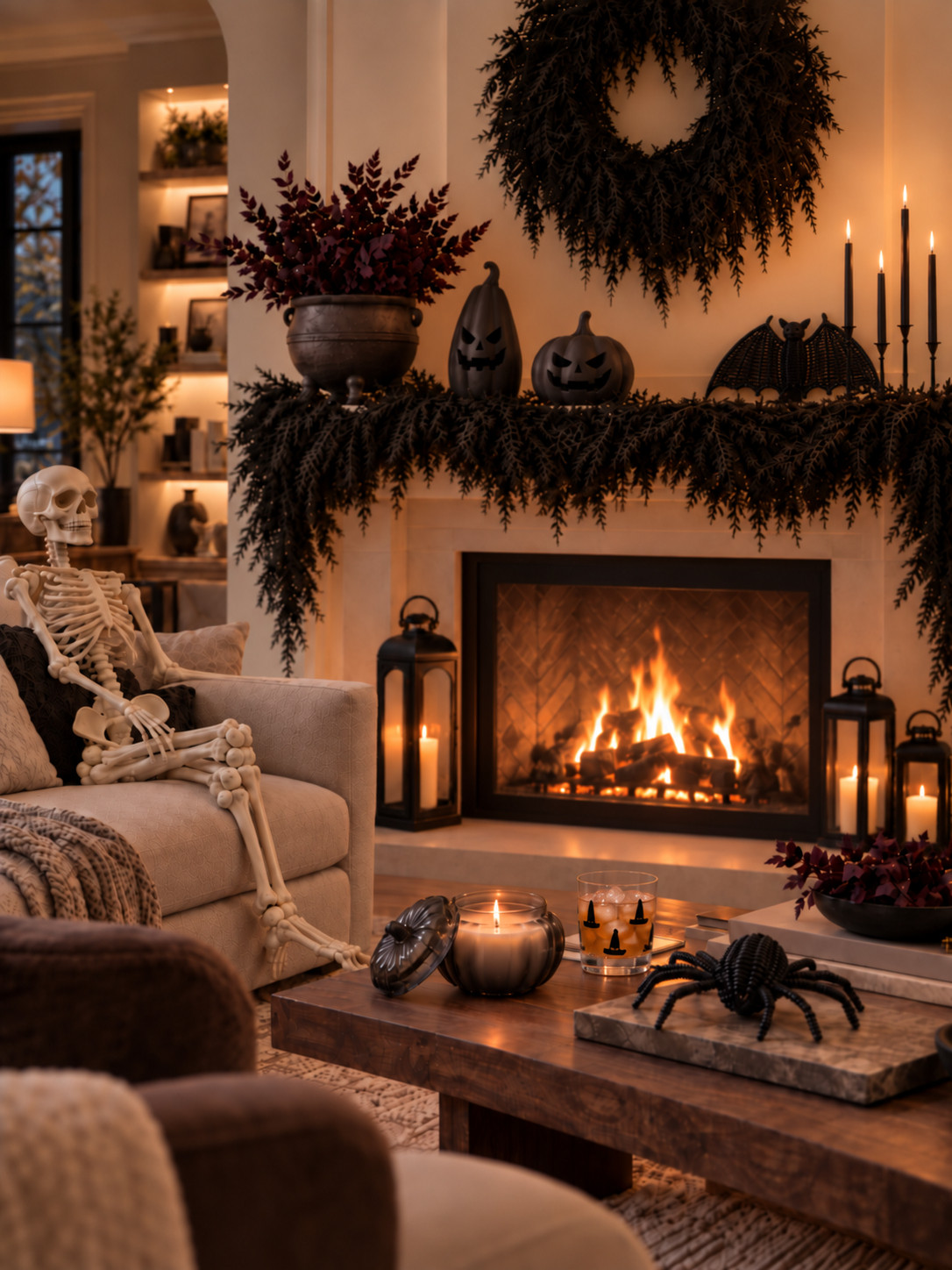 Affordable Halloween Decor at Walmart  that you can incorporate in your home! From $24.97 five foot skeleton, garland, wreath, candle, drinkware, etc.

(AI-generated image for room scene) 

 #LTKSeasonal #LTKHome #LTKSaleAlert