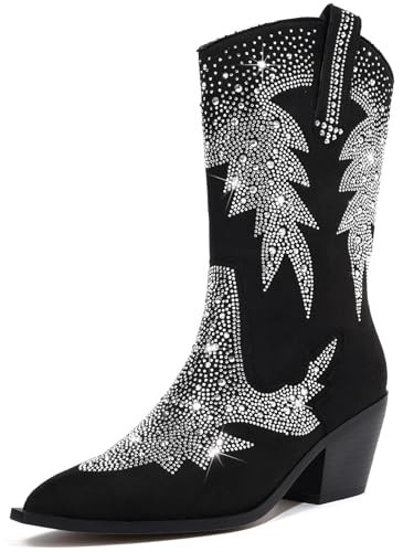 RONILURN Women Ankle Boots Cowboy Cowgirl Western Boots Rhinestone Sparkly Pointed Toe Chunky Heel Pull On Fashion Shoes Tall Black Boot | Amazon (US)