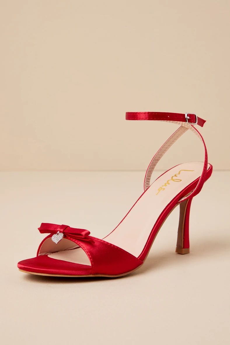 Caelum Cherry Satin Rhinestone Heart Charm Ankle Strap Heels | Lulus