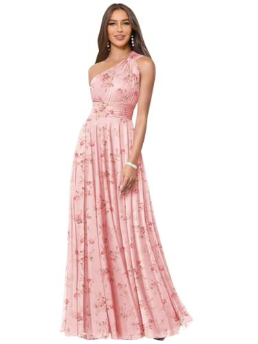 WJHXYB Pink Floral Chiffon Bridesmaid Dresses for Women One Shoulder Chiffon Ruched Party Formal Dress with Pockets Size 6 | Amazon (US)