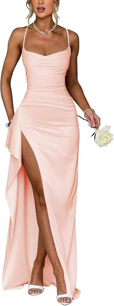 Women's Cowl Neck Spaghetti Strap Prom Dresses Ruffle Satin 2025 Formal Dress Long DI221 | Amazon (US)