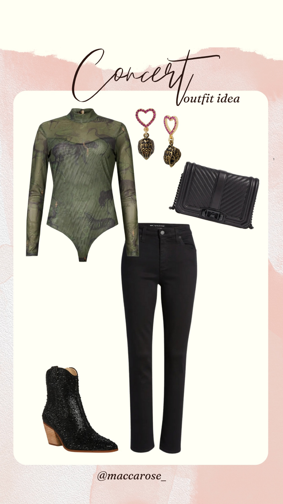 Concert outfit idea | edgy chic | black jeans | bodysuit | sheer top | sparkle boots | western boots | sassy style | fashion ideas | date night | 

#LTKFind #LTKstyletip #LTKSeasonal