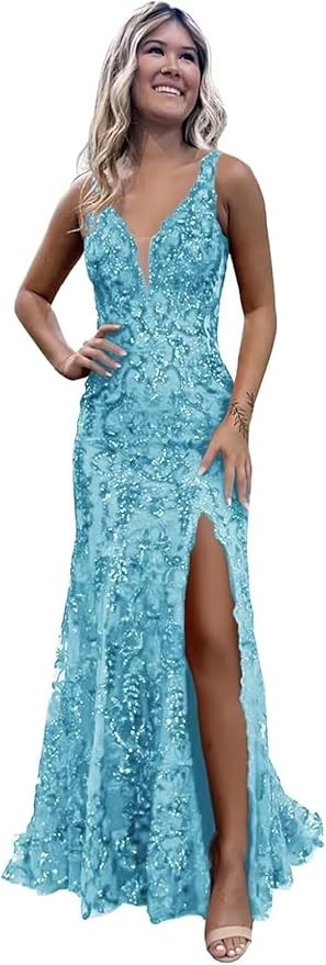 Mermaid Sequin Lace Prom Dress for Women 2026 Sparkly Sexy Open Back Tight Long Tulle Formal Even... | Amazon (US)