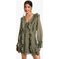 boohoo Women's Crinkle Chiffon Ruffle Shift Dress in Dark Olive | Size: 8 | Denim/Chiffon | boohoo (US & Canada)